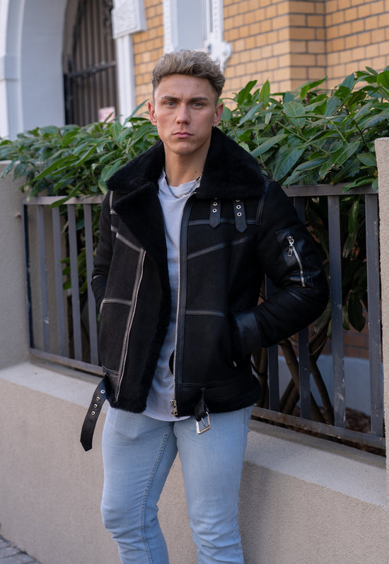 Herren Lammfelljacke B16 - Schwarz