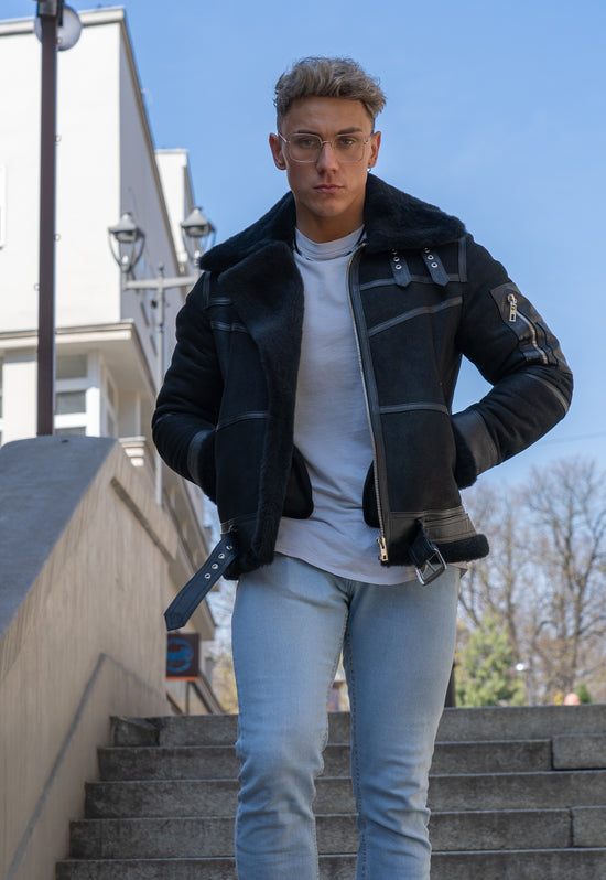 Herren Lammfelljacke B16 - Schwarz
