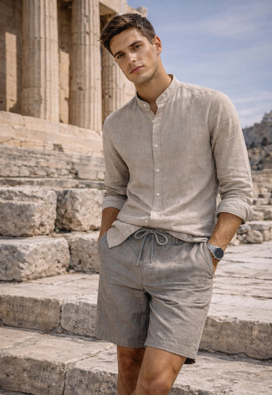 Herrenhemd aus 100% Leinen in Beige - Sommerhemd mit Stehkragen