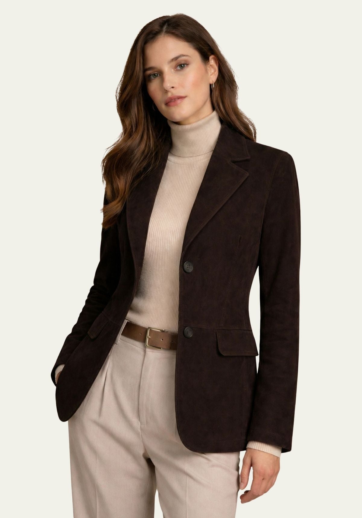 Damenjacke aus Ziegenveloursleder Dunkelbraun SF-1530 – Klassischer Blazerstil mit edler Note