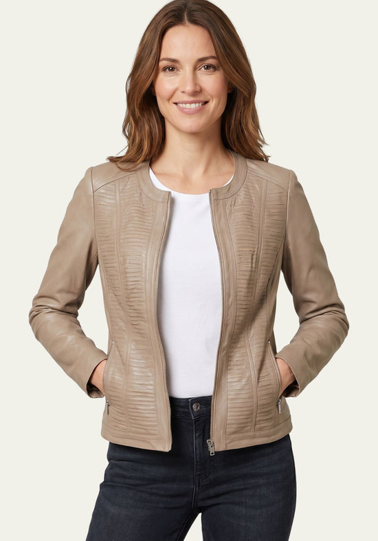 Damen Lederjacke aus Lammnappa – Sportlich mit Quersteifen Beige