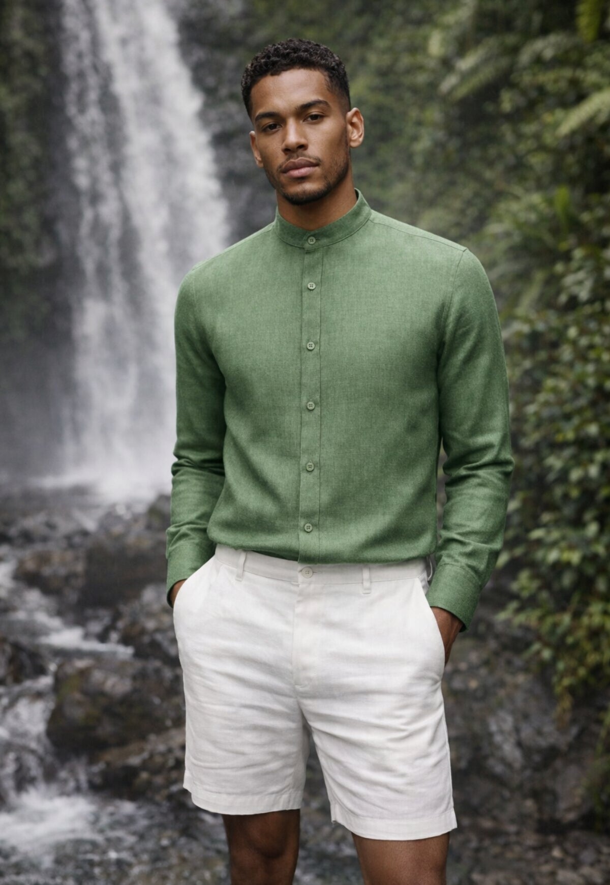 Herrenhemd aus 100% Leinen in Grün - Sommerhemd mit Stehkragen