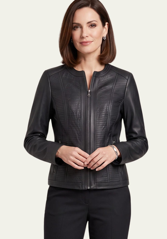 Damen Lederjacke aus Lammnappa – Sportlich mit Quersteifen Schwarz