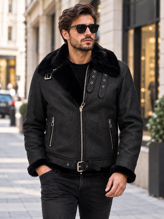 Premium Herren Bomberjacke JAMES  Schwarz aus Merino Lammfell