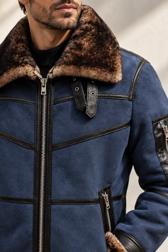 Men's Merino Lambskin Bomber Jacket  B16 in Blue