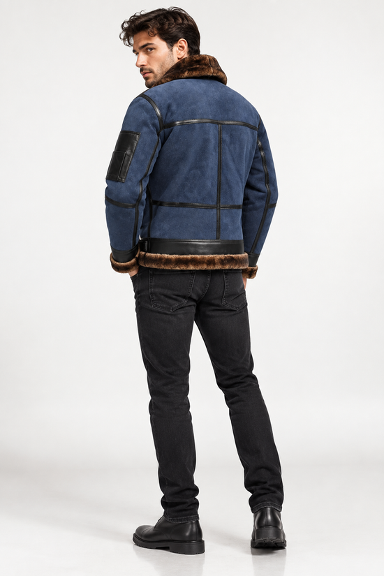Men's Merino Lambskin Bomber Jacket  B16 in Blue