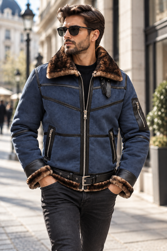 Men's Merino Lambskin Bomber Jacket  B16 in Blue