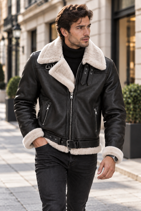 Premium men’s lambskin jacket JAMES Espresso / White