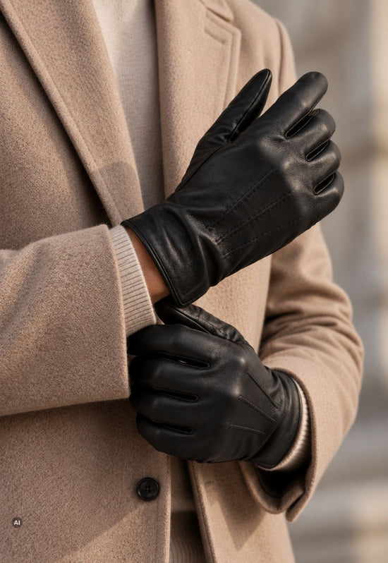 Men’s leather gloves C08, black, made from lamb nappa leather with a cashmere lining