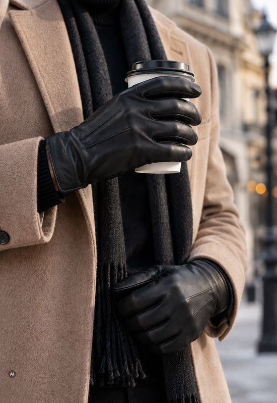Men’s leather gloves C08, black, made from lamb nappa leather with a cashmere lining
