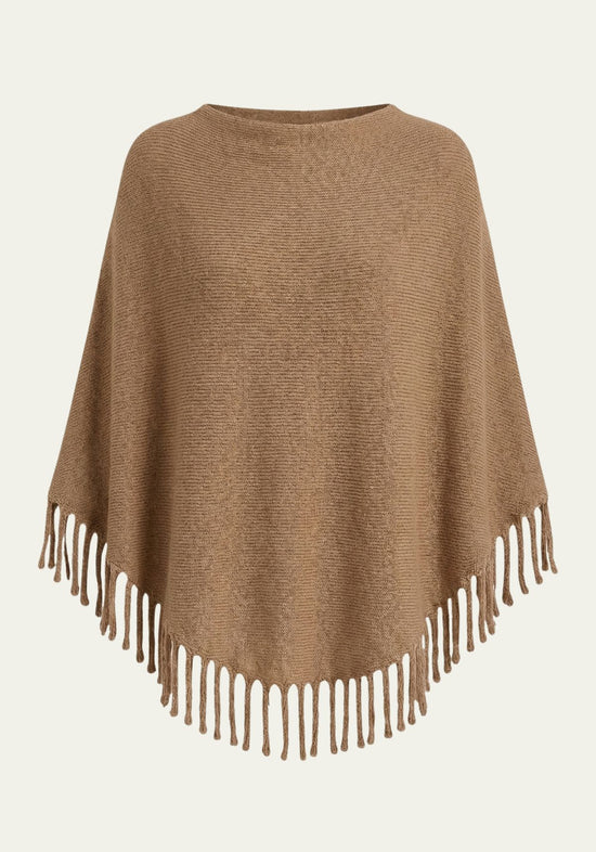 Women’s fringed poncho in a warm camel shade, one size