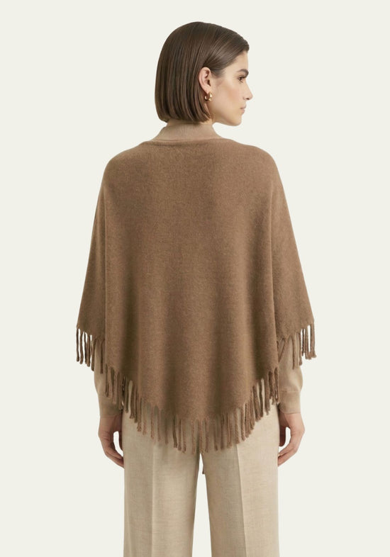 Women’s fringed poncho in a warm camel shade, one size