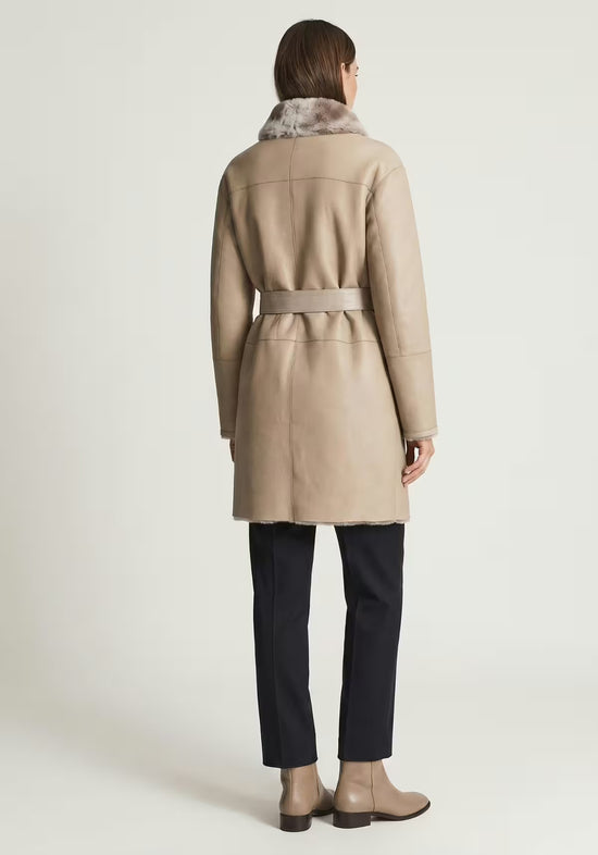 Exklusiver Merino Shearling Wendemantel Taupe-Beige – Zwei Luxus-Looks in einem