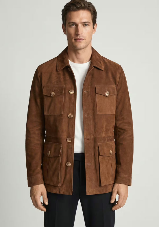 Herren Veloursleder-Jacke Cognac im Safari-Design