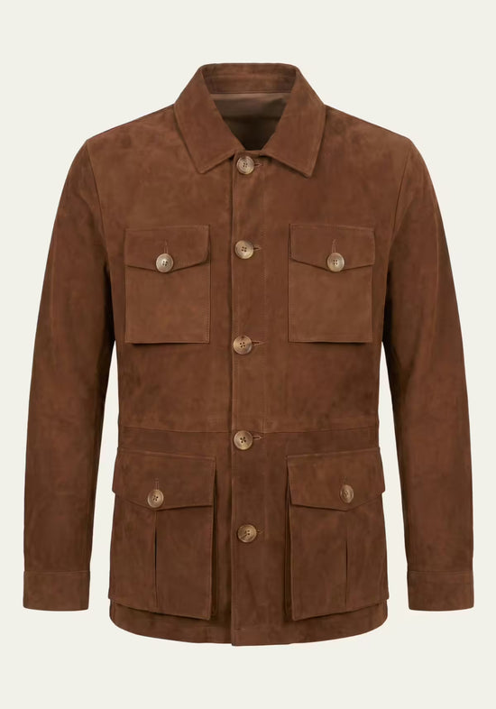 Herren Veloursleder-Jacke Cognac im Safari-Design
