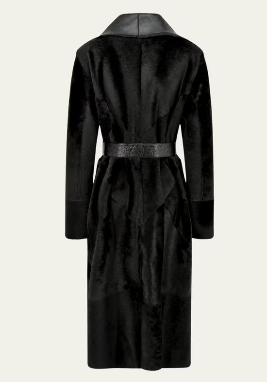 Exklusiver Shearling Wendemantel Schwarz – Abnehmbarer Curly-Fellkragen