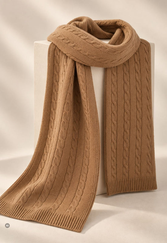 Camel knitted scarf made from merino wool and cashmere, displayed on a stand