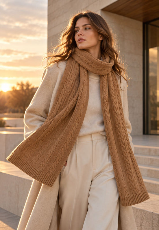 Knitted scarf made from merino wool and camel-coloured cashmere