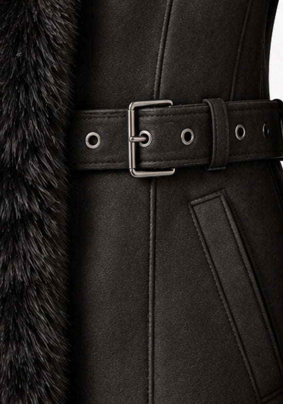 Damski płaszcz z owczej skóry typu shearling, czarny, z wykończeniem z futra lisa i kapturem