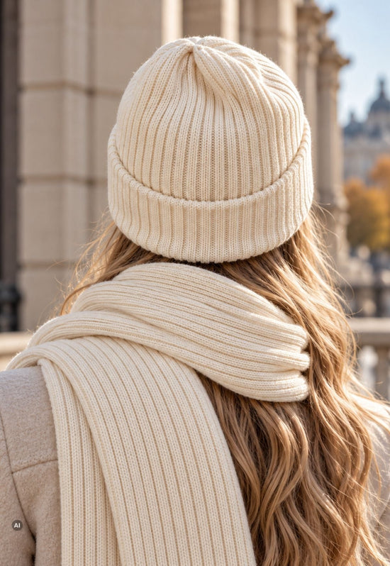 Damen-Strickset Daily – Mütze & Schal aus 100 % Merinowolle Ecru