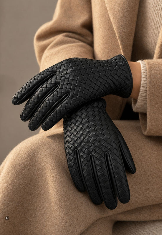 Women’s leather gloves with a woven pattern and 100% cashmere lining, anthracite, M03