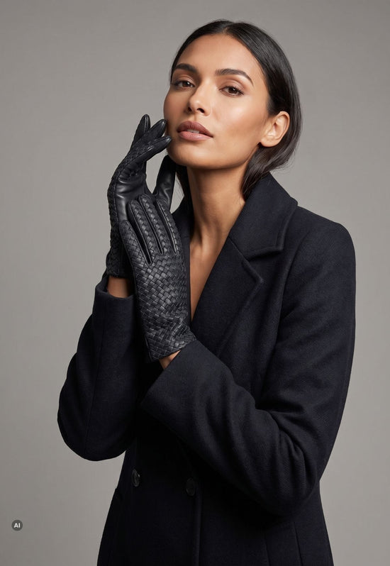 Women’s leather gloves with a woven pattern and 100% cashmere lining, anthracite, M03