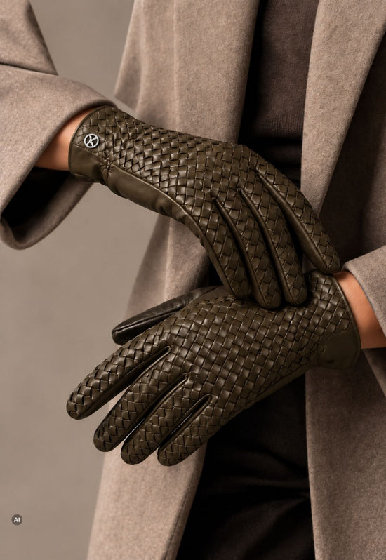 Women’s leather gloves with a braided pattern and 100% cashmere lining, Olive M03