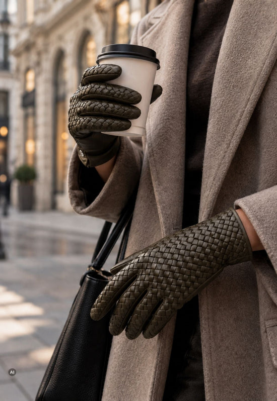 Women’s leather gloves with a braided pattern and 100% cashmere lining, Olive M03