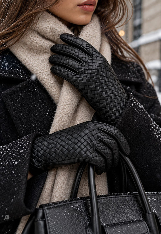 Damen-Lederhandschuhe mit Flechtstruktur und 100 % Kaschmirfutter Schwarz M03