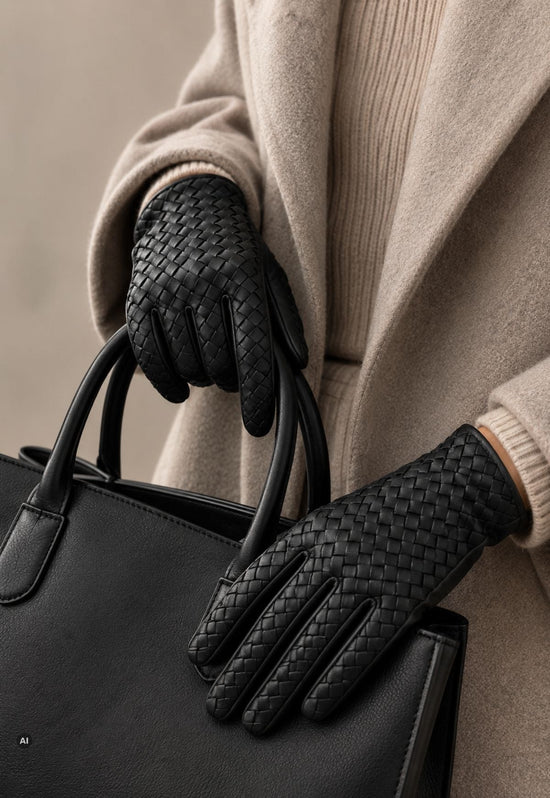Damen-Lederhandschuhe mit Flechtstruktur und 100 % Kaschmirfutter Schwarz M03