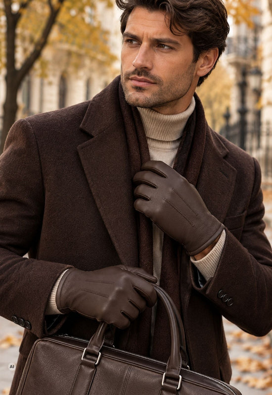 Men’s leather gloves L07, dark brown, made from lamb nappa leather with a cashmere lining