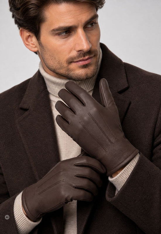 Men’s leather gloves L07, dark brown, made from lamb nappa leather with a cashmere lining