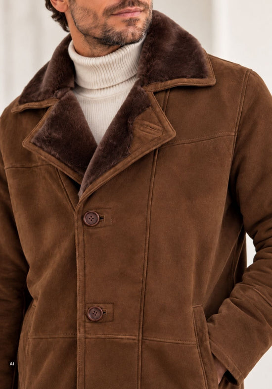 Herren-Lammfellkurzmantel Braun im klassischen Car-Coat-Stil