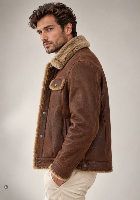 Herren-Lammfelljacke Braun im klassischen Trucker-Stil
