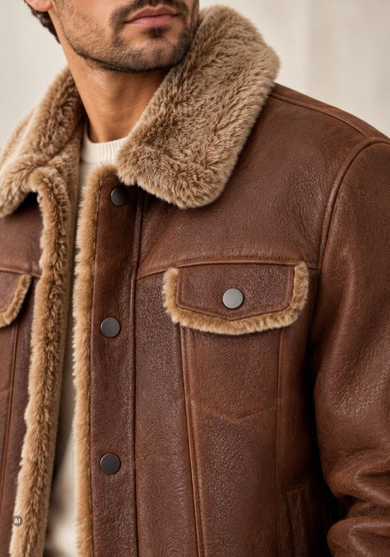 Herren-Lammfelljacke Braun im klassischen Trucker-Stil