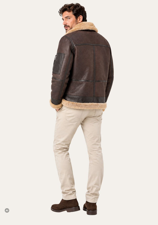 Herren-Lammfell-Fliegerjacke Dunkelbraun mit Gürtel