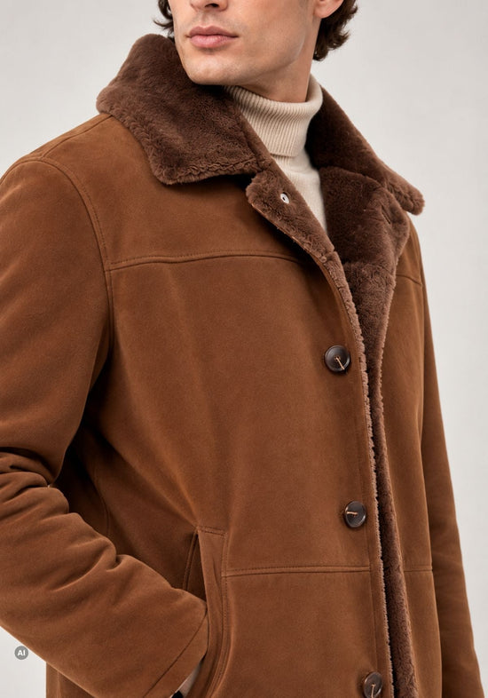 Herren-Lammfelljacke Braun mit markantem Fellkragen