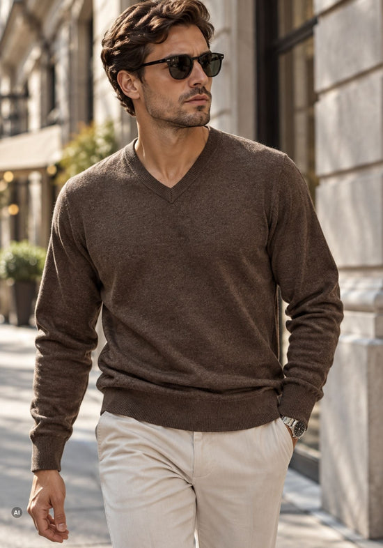 Herren-Feinstrickpullover aus Lammwolle Braun Modell YAKA