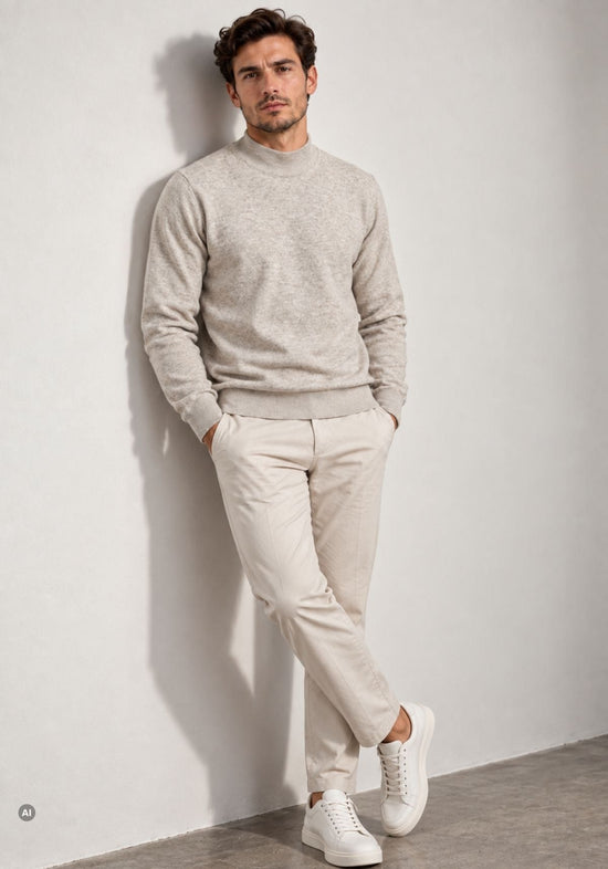 Herren-Lammwollpullover mit Stehkragen Beige Modell BALIKCI