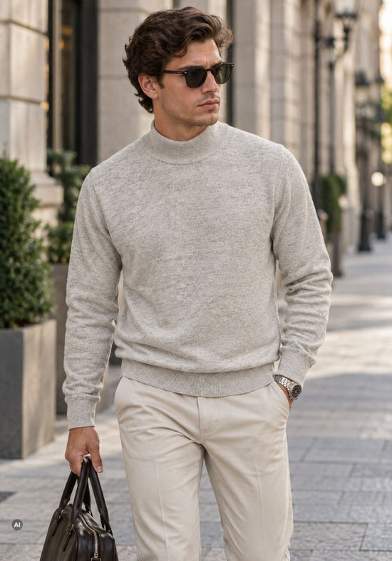 Herren-Lammwollpullover mit Stehkragen Beige Modell BALIKCI