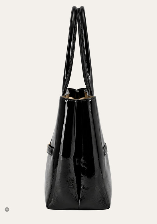 Damen-Henkeltasche Knitted aus Echtleder in Lackoptik Schwarz