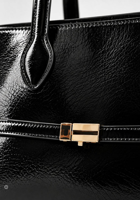 Damen-Henkeltasche Knitted aus Echtleder in Lackoptik Schwarz