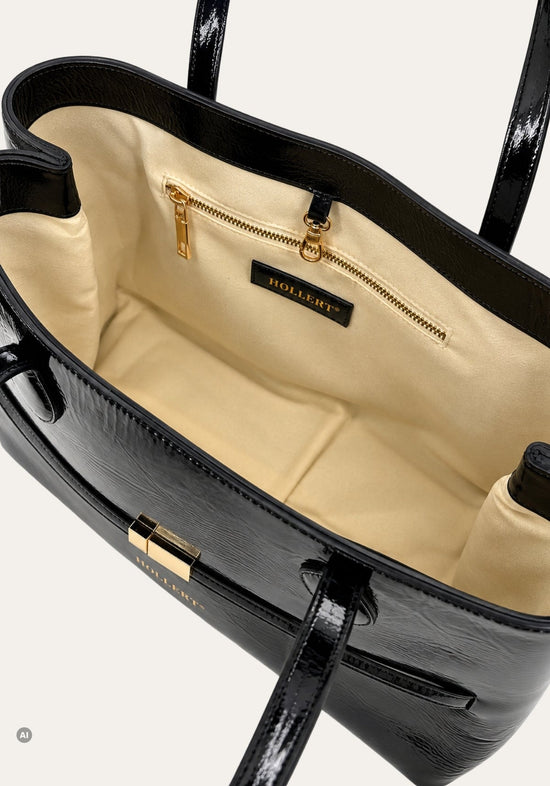 Damen-Henkeltasche Knitted aus Echtleder in Lackoptik Schwarz