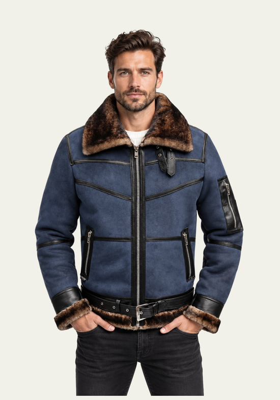 Men's Merino Lambskin Bomber Jacket  B16 in Blue