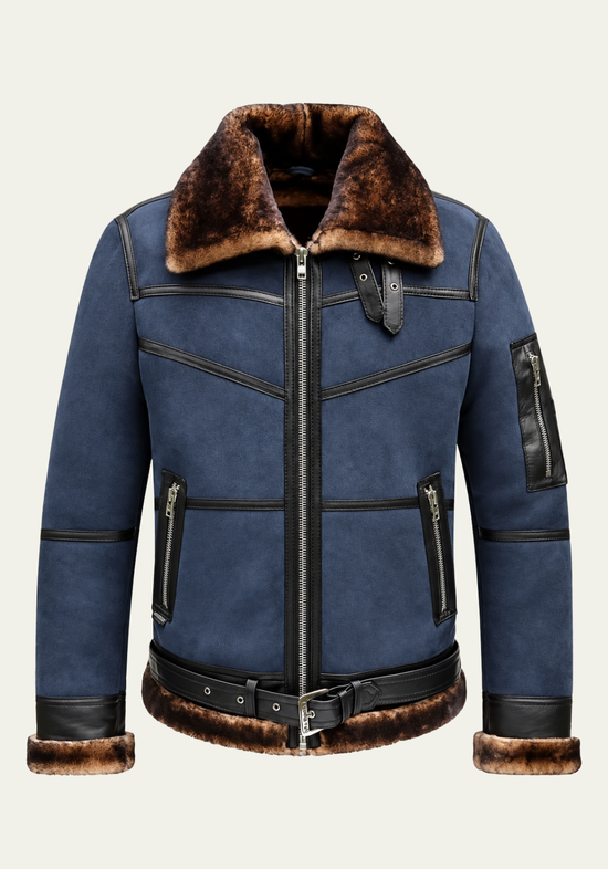 Men's Merino Lambskin Bomber Jacket  B16 in Blue