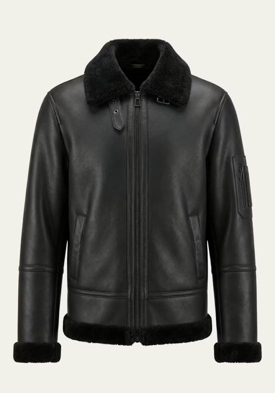 Lammfell Bomberjacke Aviator Black – Merino Shearling