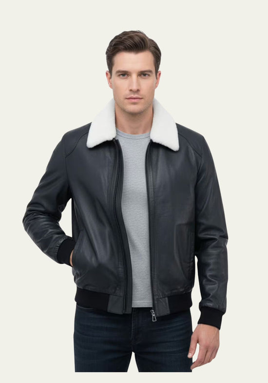 Luxus-Lammfelljacke Damian | Dunkelblau – Pilotenstil & Merino-Lammfell