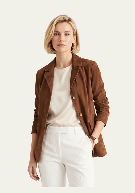 Eleganter Lederblazer Cognac – Damen Sakko aus Lammveloursleder