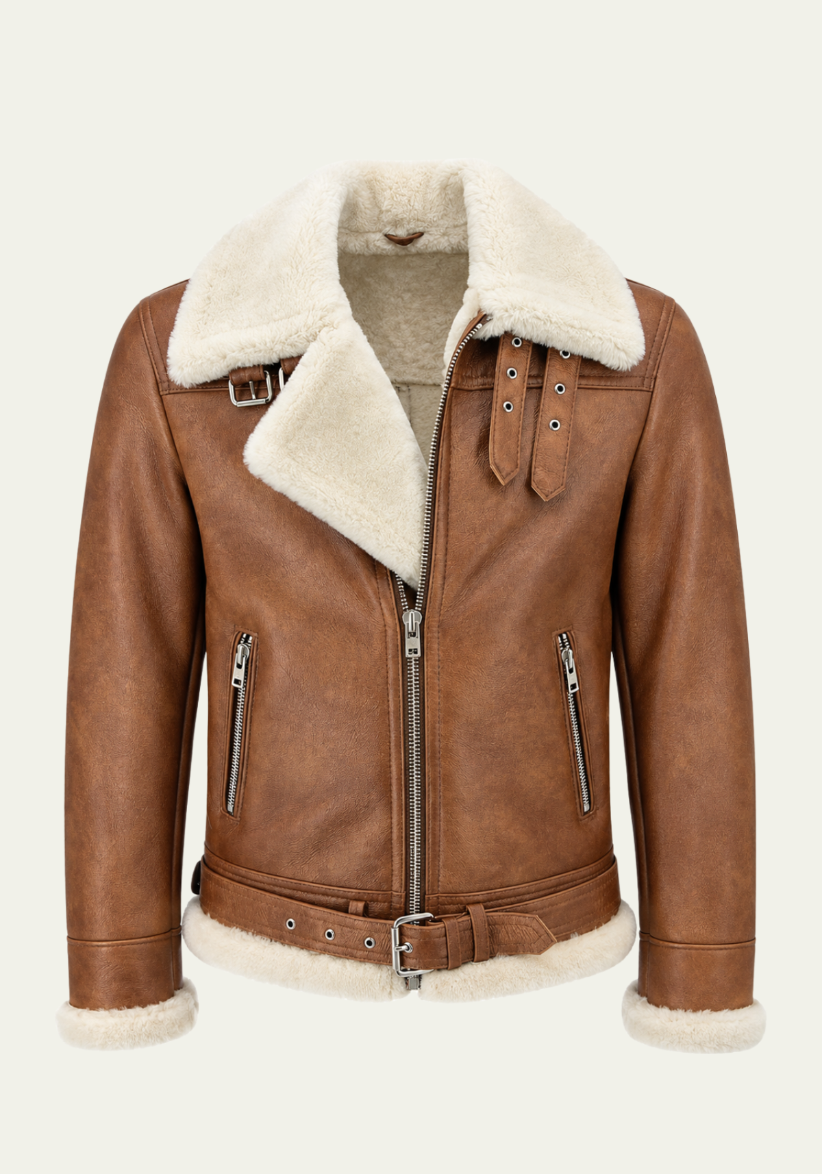 Lammfelljacke JAMES KASTANIE/CREME – Premium Herren Bomberjacke aus Merino Lammfell