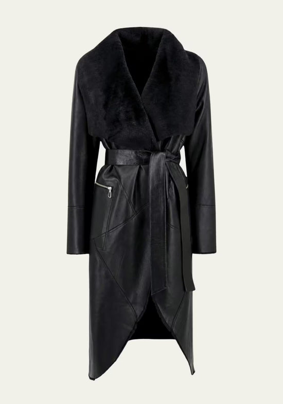 Exklusiver Shearling Wendemantel Schwarz – Abnehmbarer Curly-Fellkragen